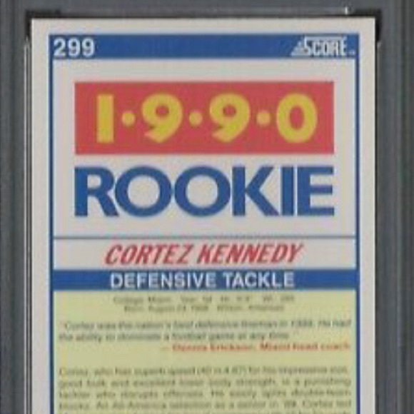 1990 SCORE RC #299 CORTEZ KENNEDY HOF SEAHAWKS GEM MINT ROOKIE NFL - Picture 3 of 4